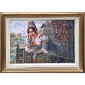 Henri Alberti "femme Au Balcon" Huile Sur Panneau 24x33